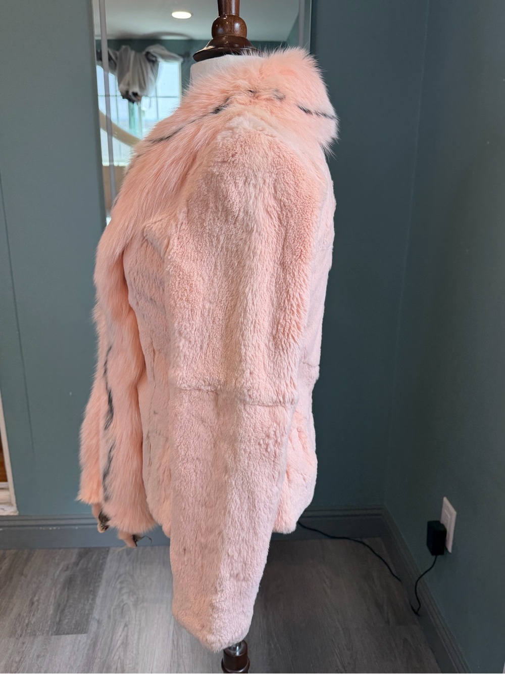 Vintage Pink Rabbit Fur Jacket Extra Long Fox Fur Collar Y2K XS/S - Picture 5 of 8